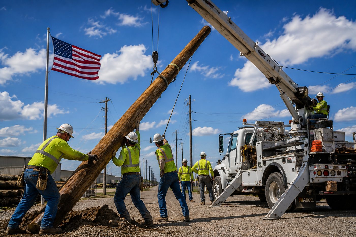 Crew staging a utility pole with a crane truck, American flag flying