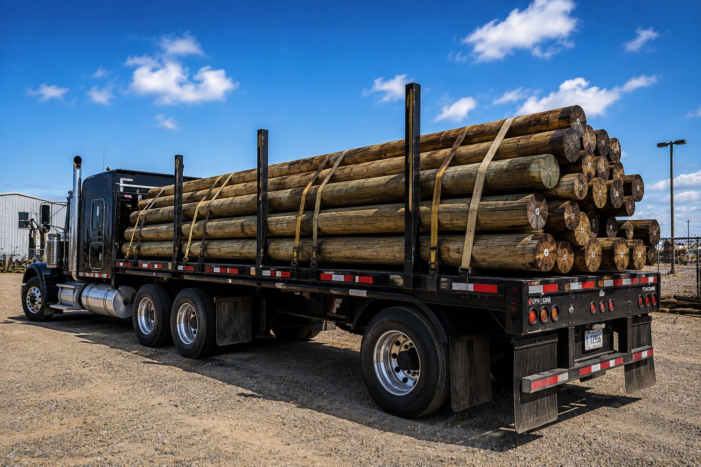 Flatbed truck loaded with utility poles ready for delivery