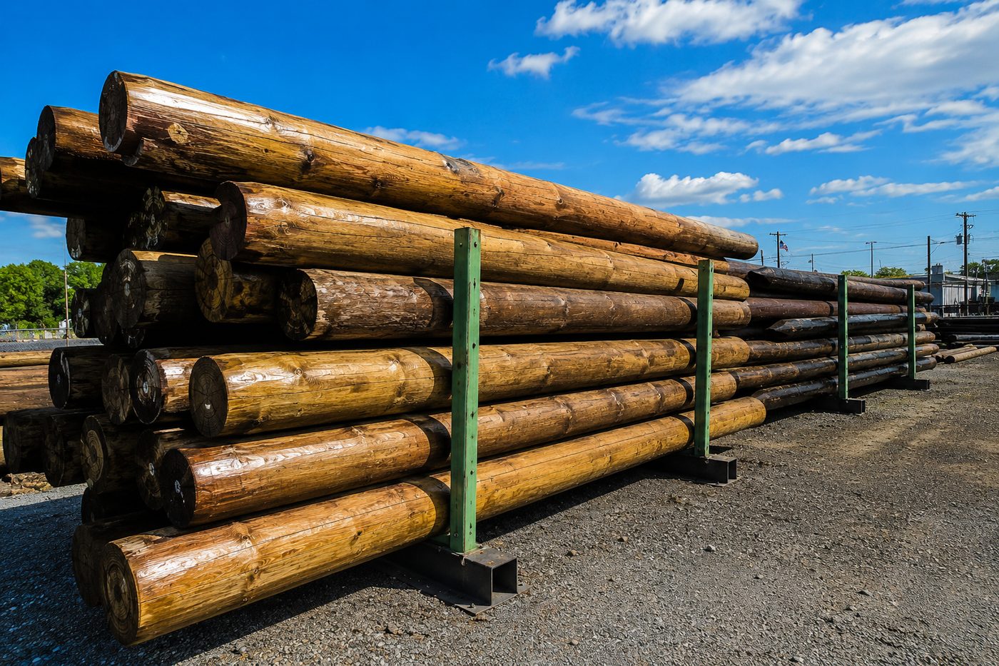 Treated utility poles stacked in the yard under a blue sky