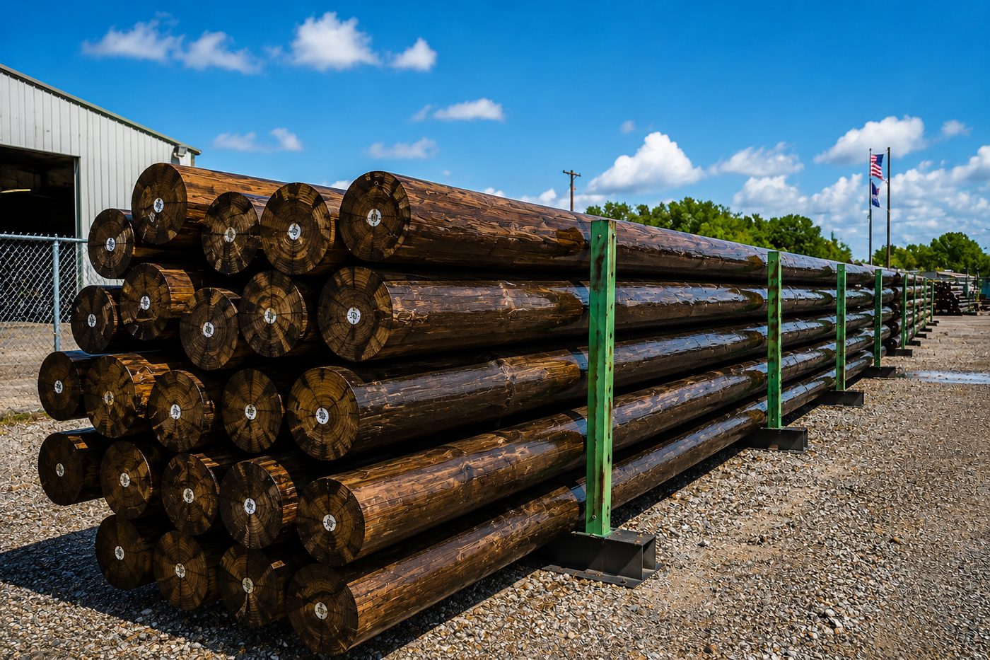Close-up of stacked utility pole ends, each logged and tagged
